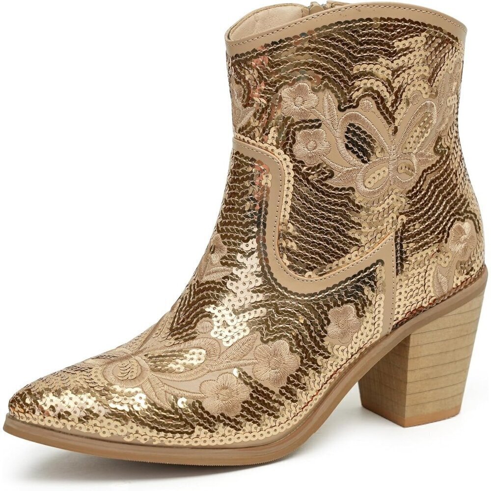Women's Gold Western Low Cowgirl Boots With Zipper Short Pointed Toe Booties